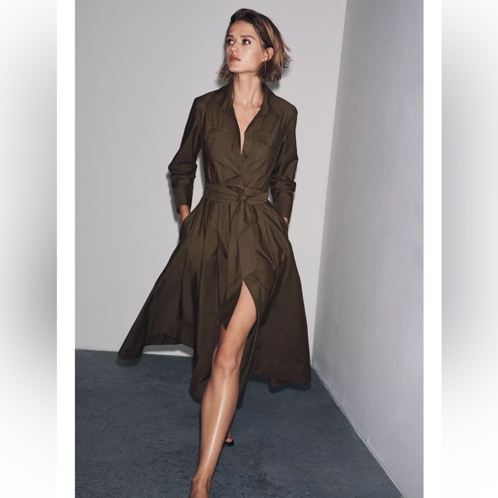 ZARA WOMAN MIDI ZW COLLECTION POPLIN SHIRT DRESS DARK KHAKI NWT